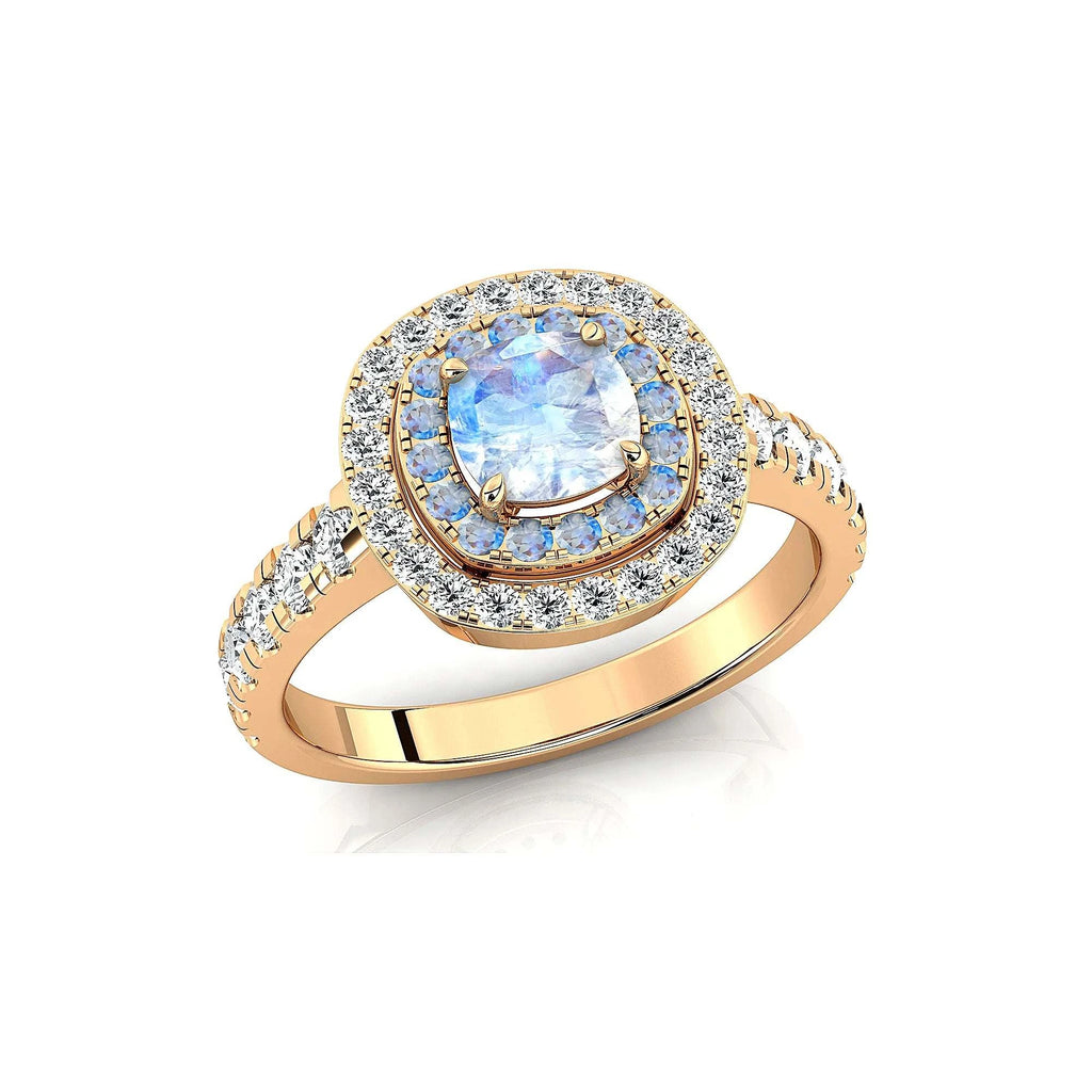 18k Gold Rainbow Moonstone Double Halo Eternity Ring