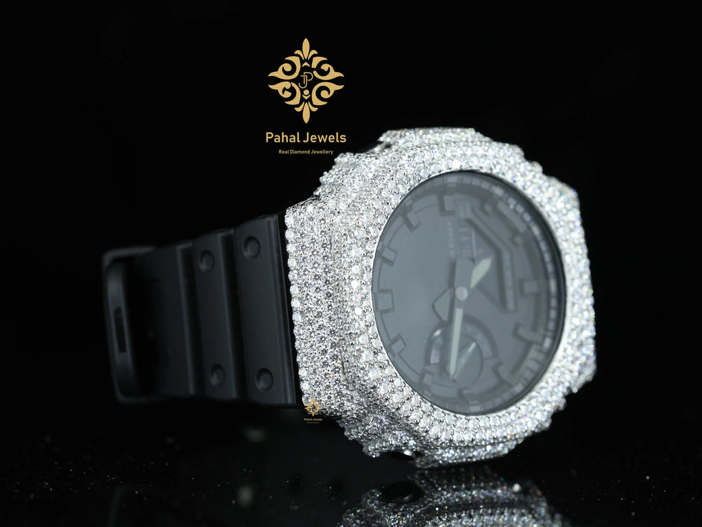 Moissanite Watch Digital Dial Display Fully Iced 925 Silver