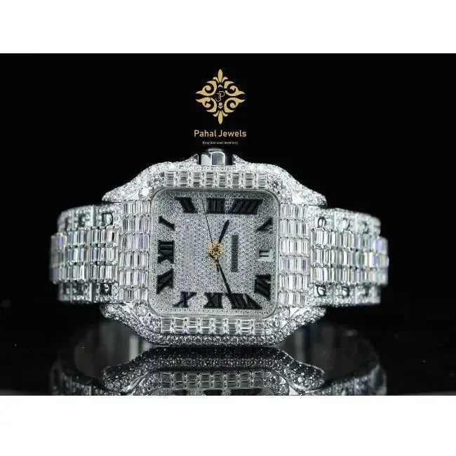 Roman numeral hip hop style iced out moissanite watch with square stainless steel case and sapphire crystal dial