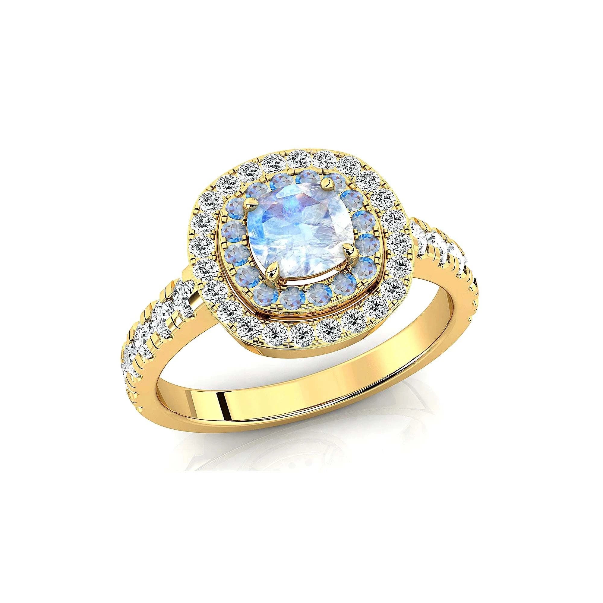 18k Gold Rainbow Moonstone Double Halo Eternity Ring