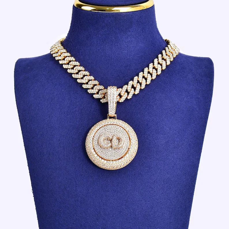 Rhodium Plated Cuban Link Chain With Iced Out Round Pendant - The Gold Collective