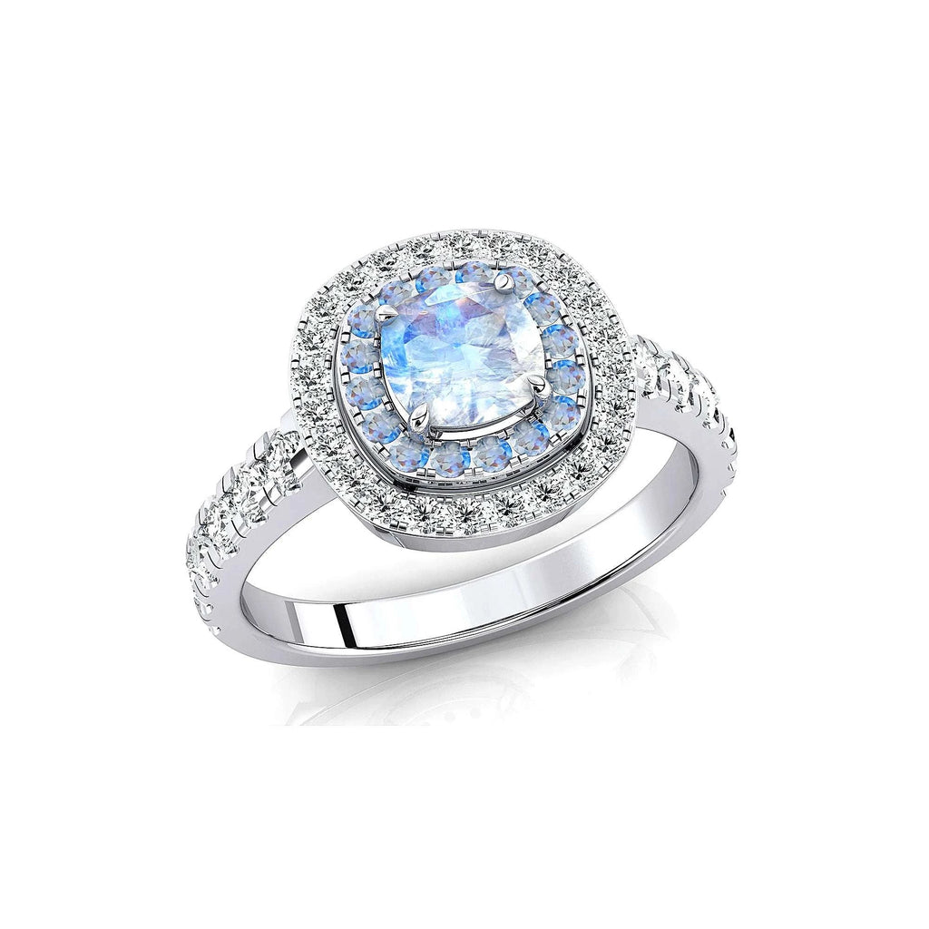 18k Gold Rainbow Moonstone Double Halo Eternity Ring