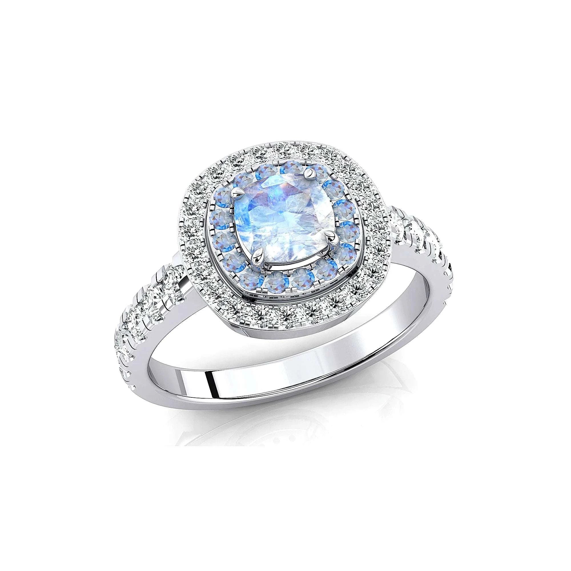 18k Gold Rainbow Moonstone Double Halo Eternity Ring