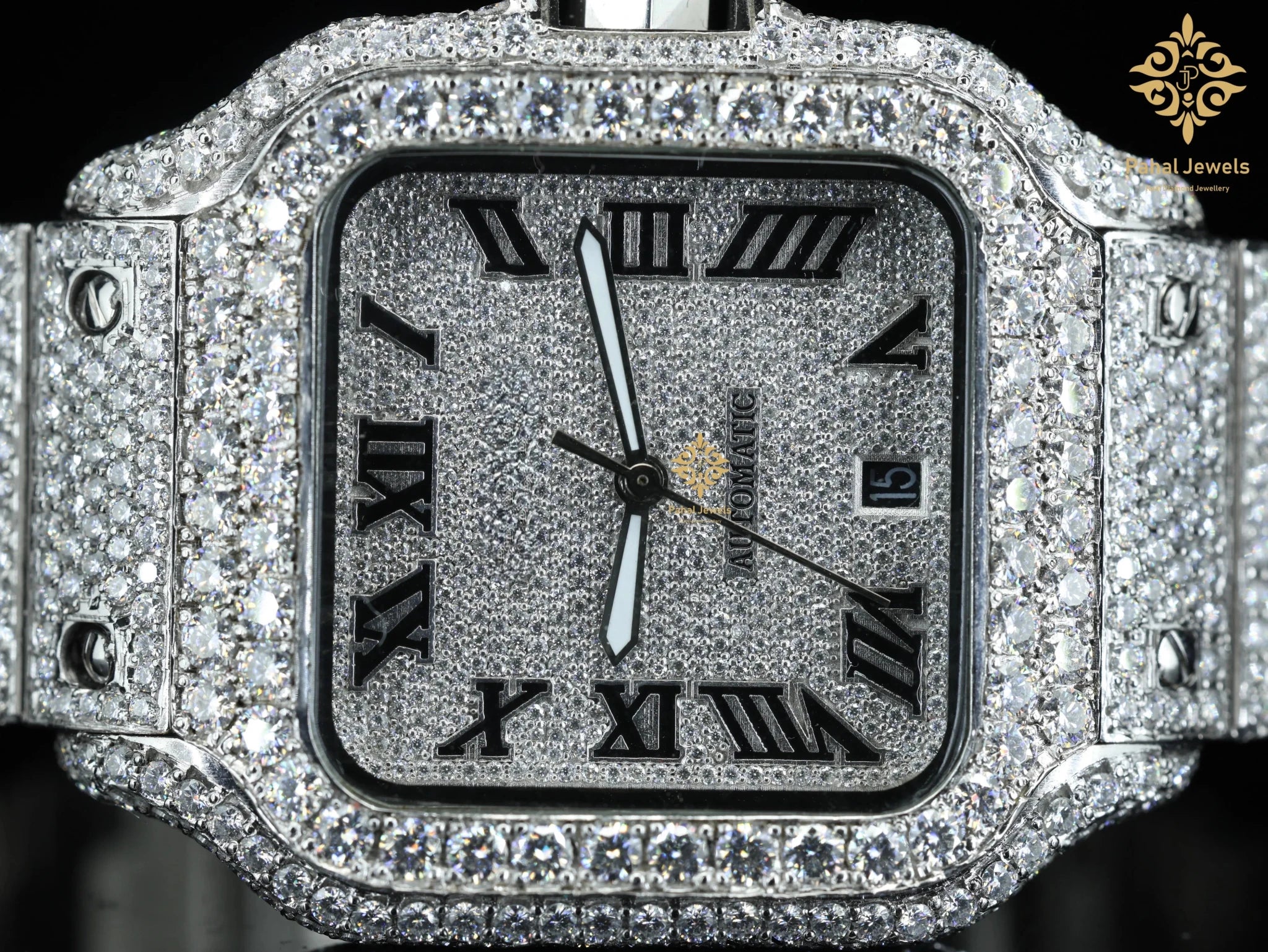 Moissanite Watch for Men Stainless Steel Square Dial