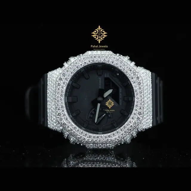 Moissanite Watch Digital Dial Display Fully Iced 925 Silver