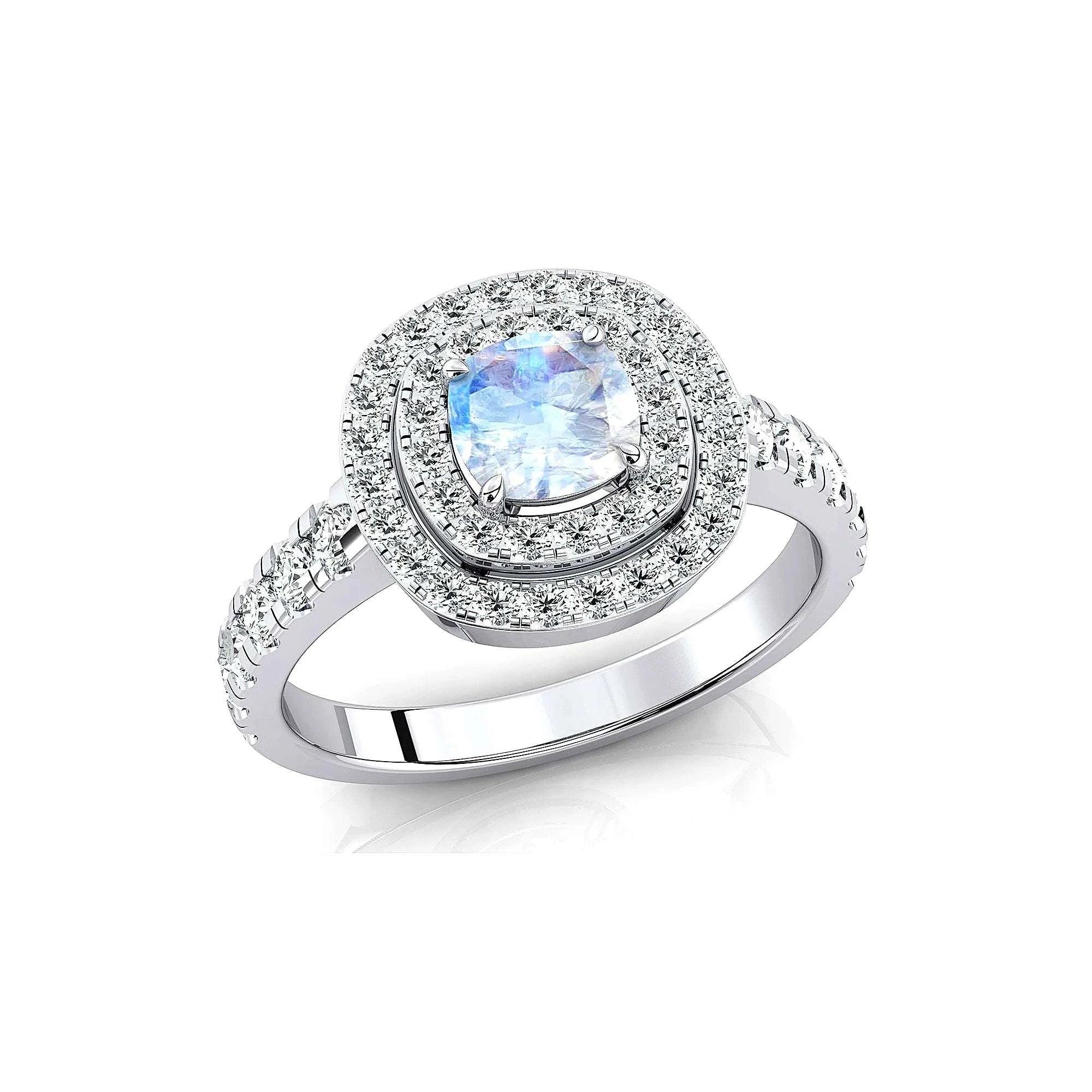 18k Gold Rainbow Moonstone Double Halo Eternity Ring