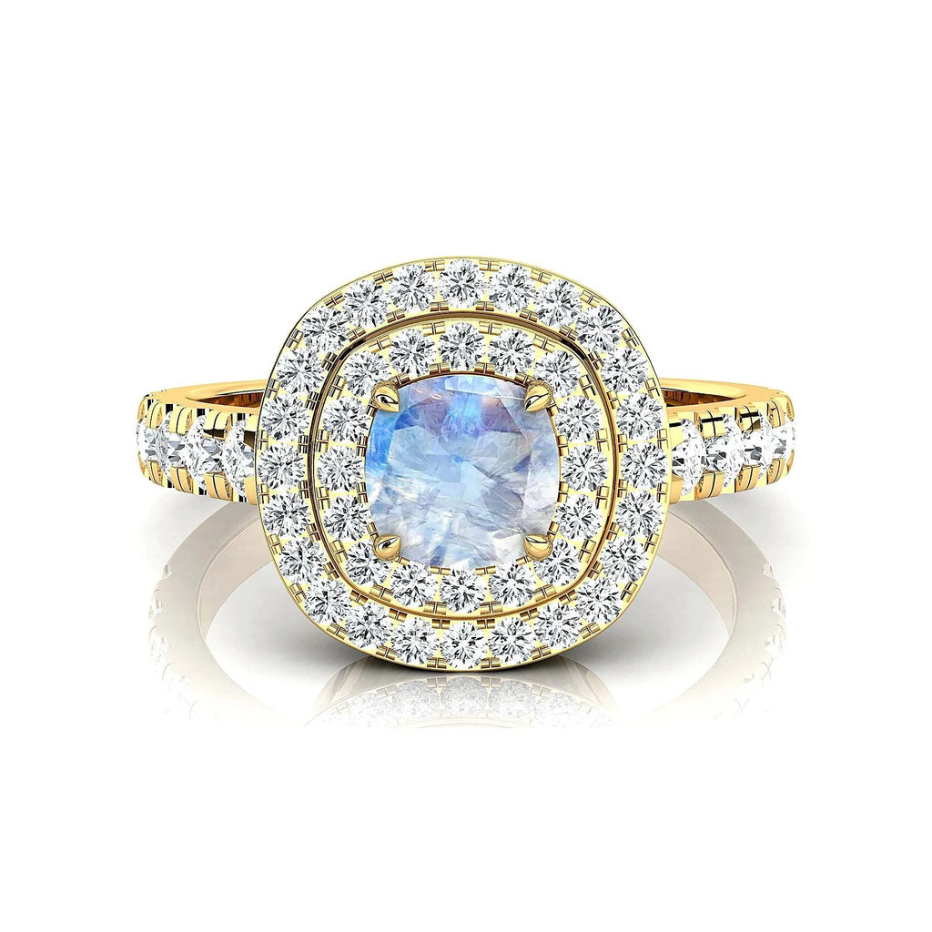 18k Gold Rainbow Moonstone Double Halo Eternity Ring