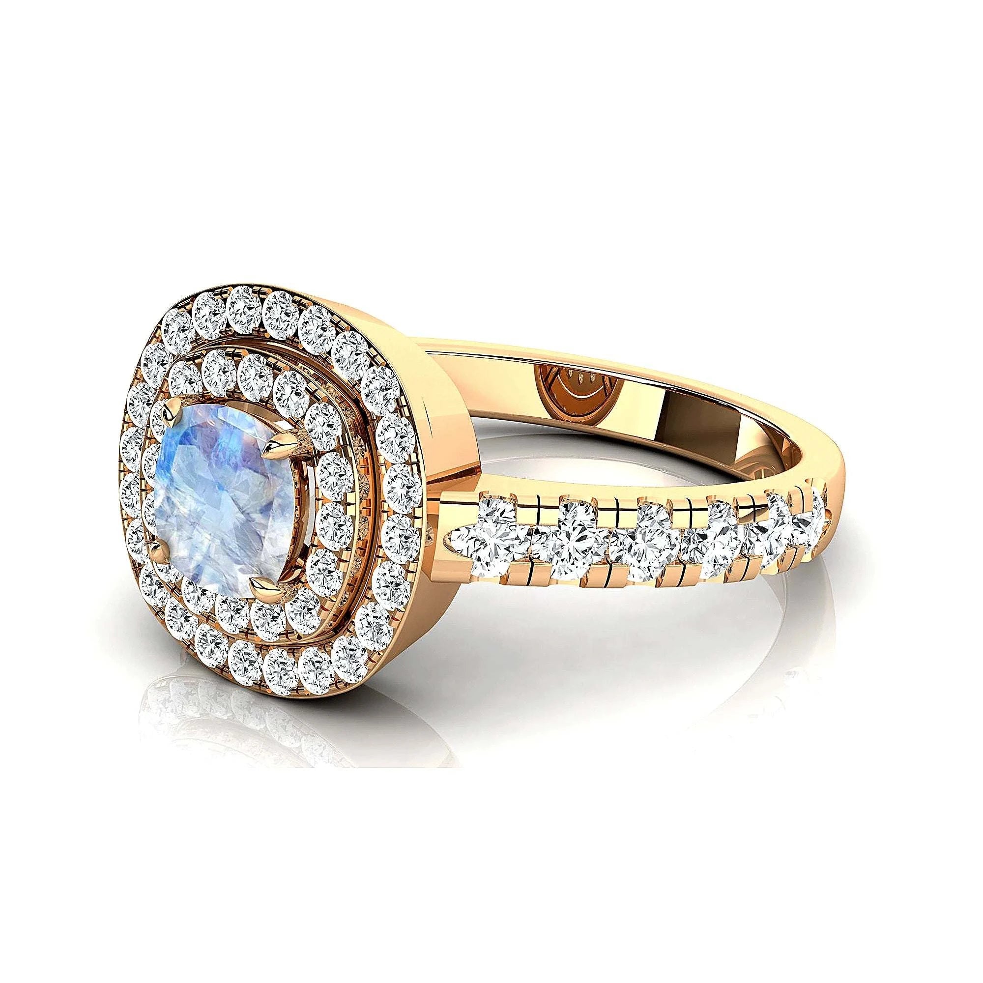 18k Gold Rainbow Moonstone Double Halo Eternity Ring