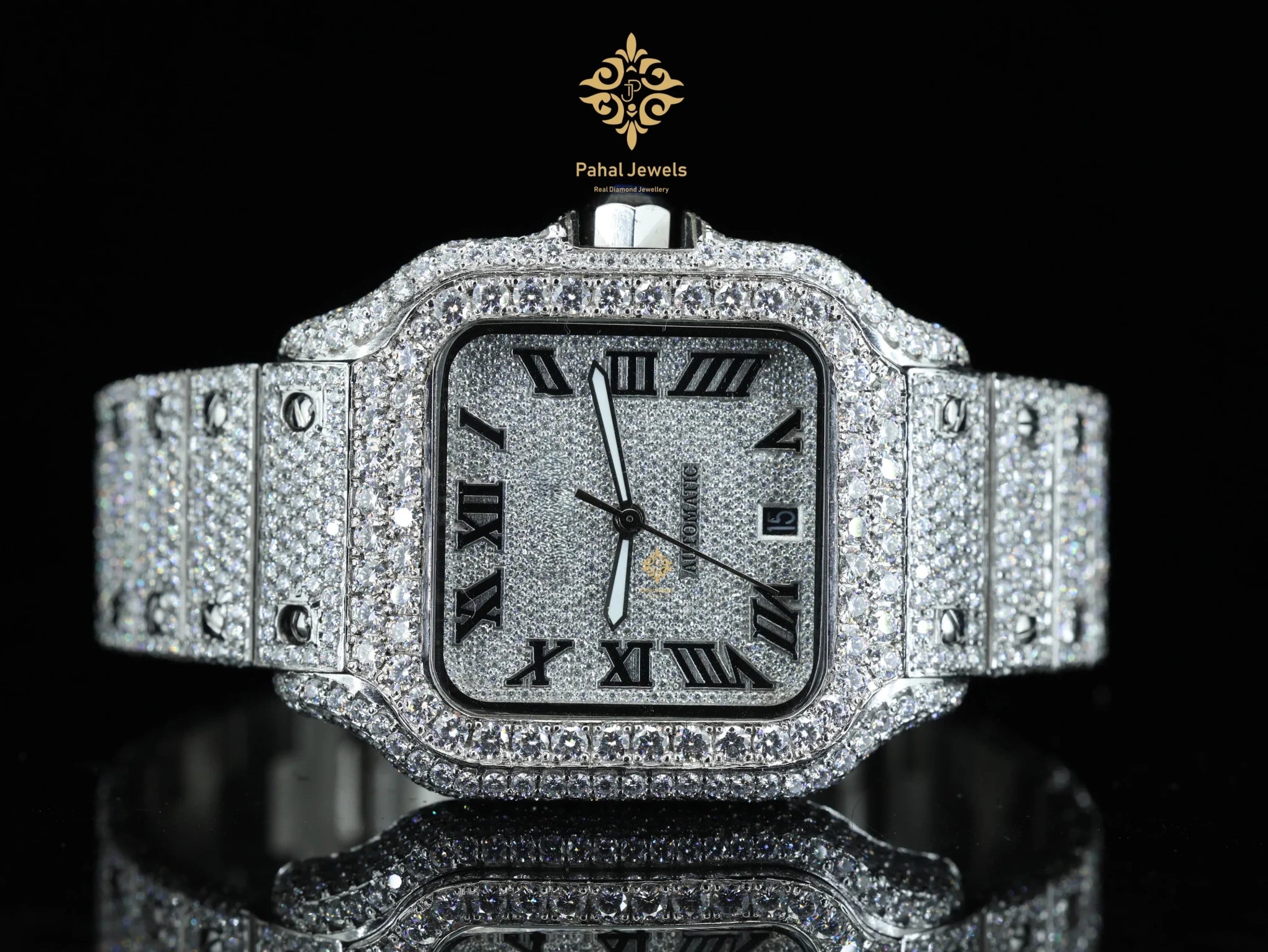 Moissanite Watch for Men Stainless Steel Square Dial