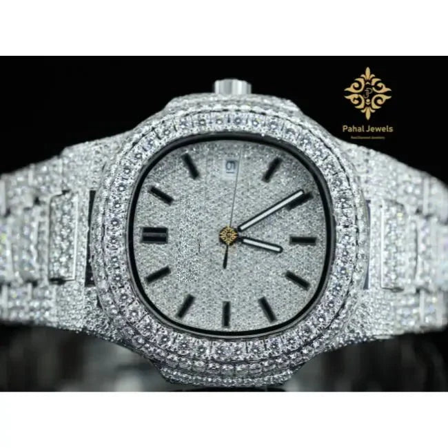 Wholesale automatic mechanical stainless steel watch with moissanite diamond and sapphire crystal dial window.