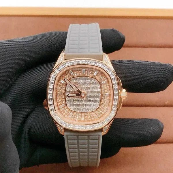 Luxury men's iced out watch with colorless baguette cut diamonds and rubber band
