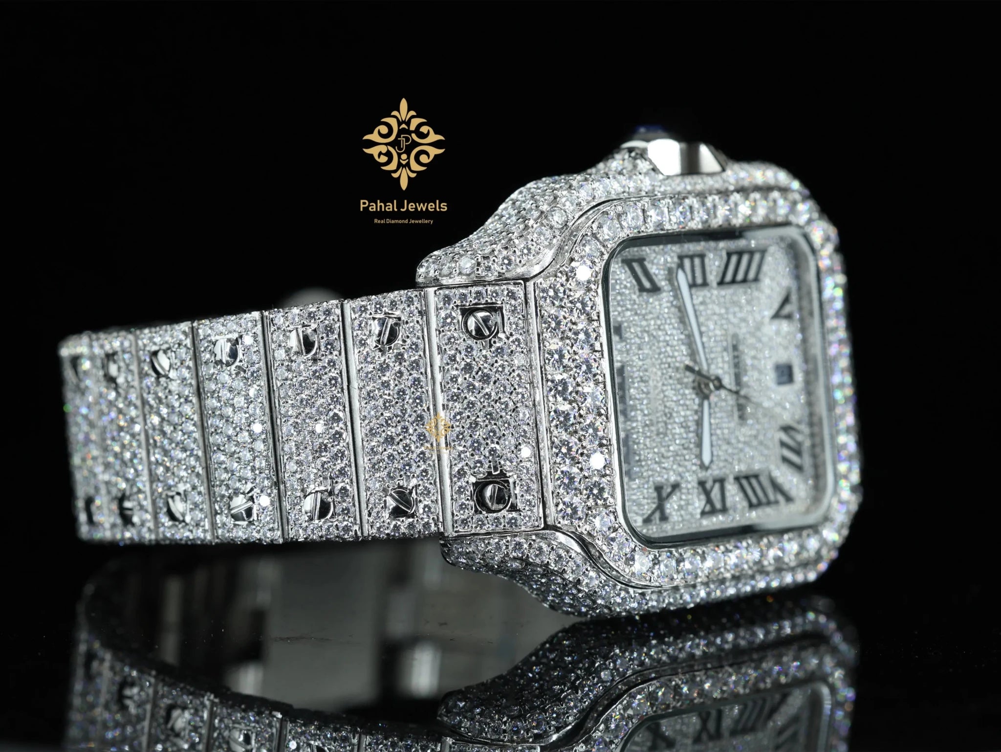 Moissanite Watch for Men Stainless Steel Square Dial