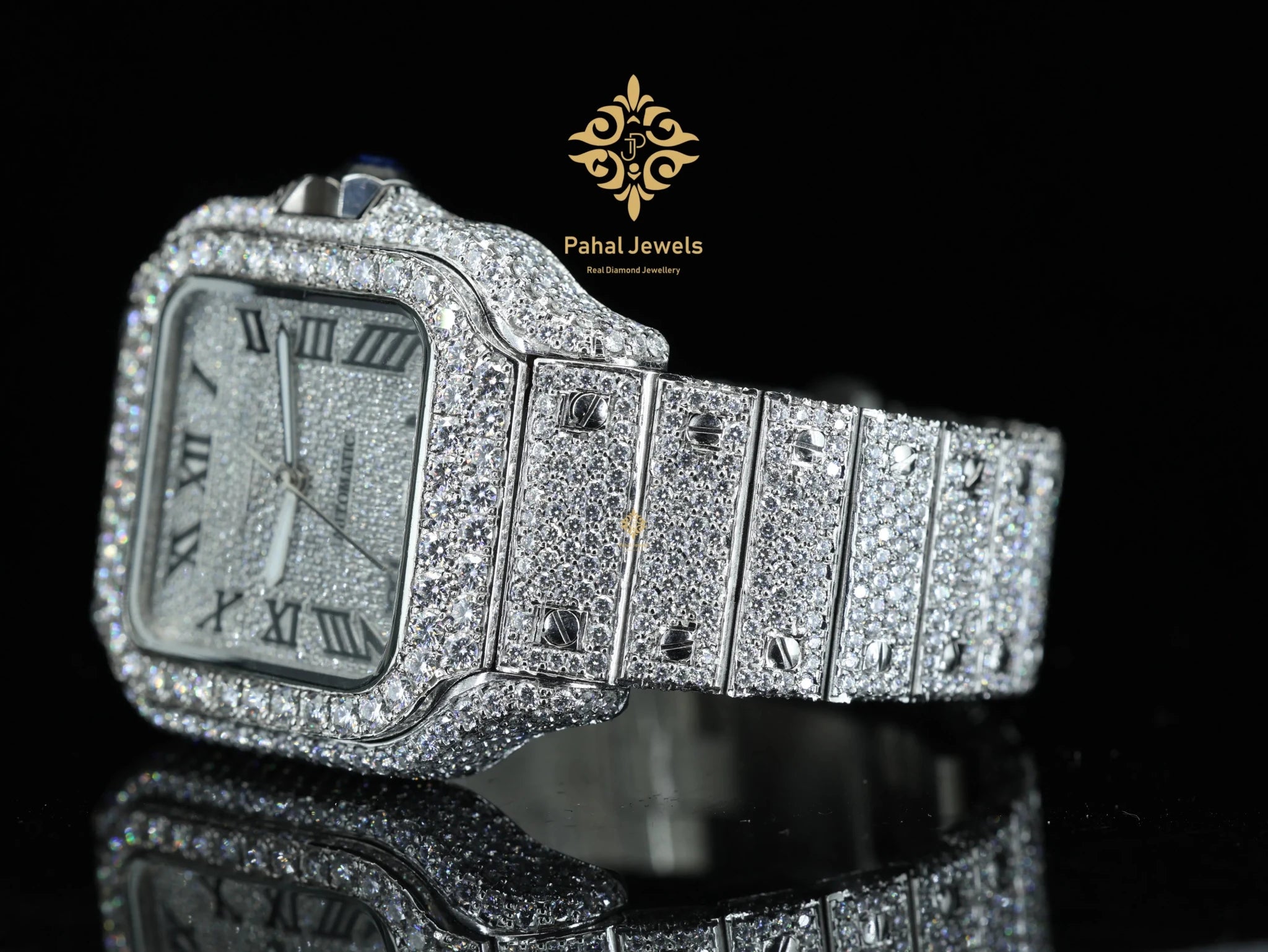 Moissanite Watch for Men Stainless Steel Square Dial