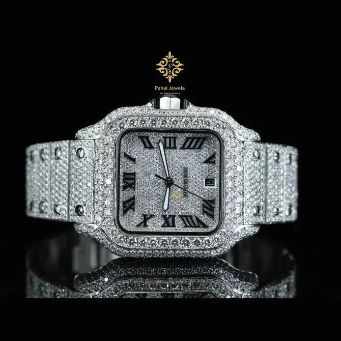 Moissanite watch for men with square stainless steel case and Roman numeral dial