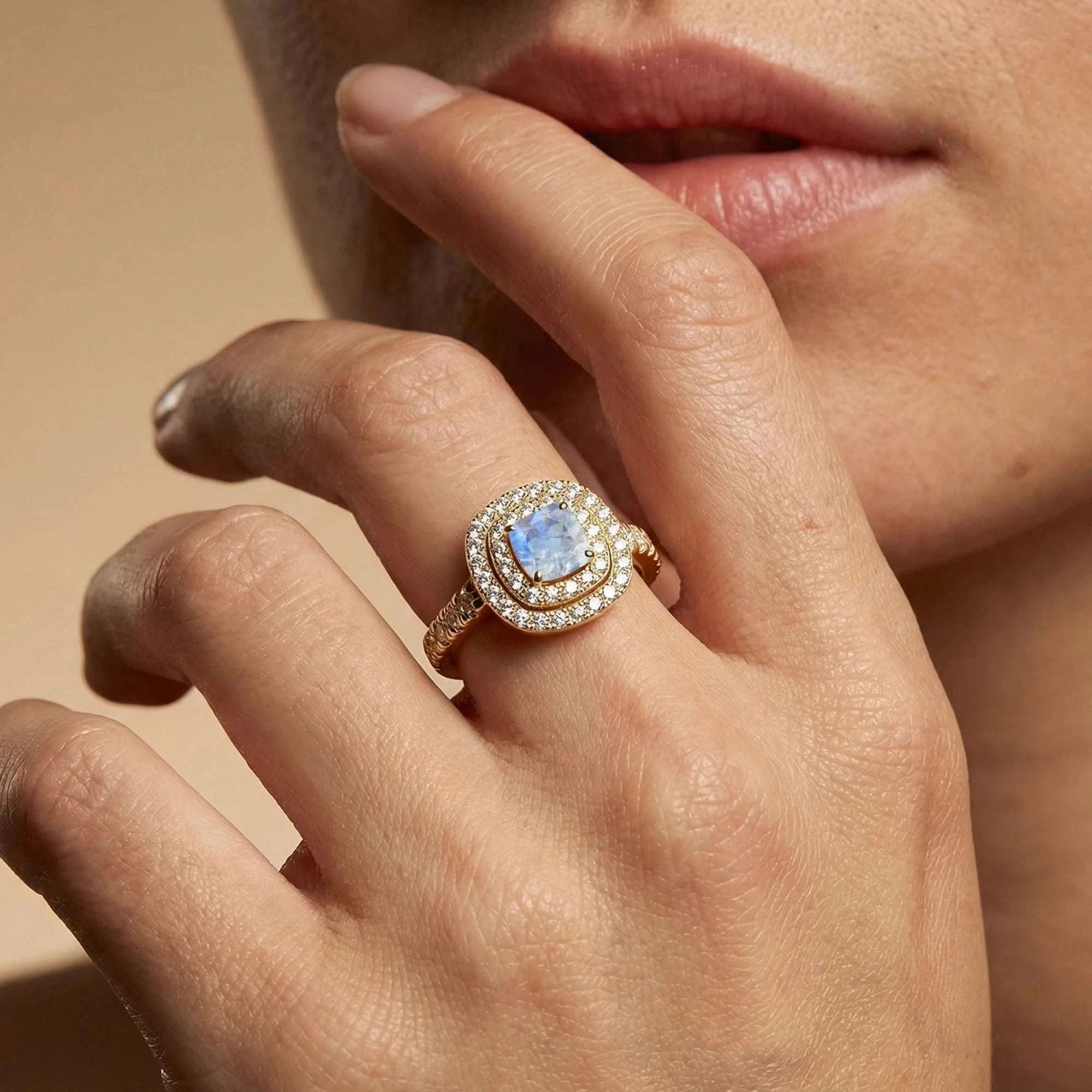 18k Gold Rainbow Moonstone Double Halo Eternity Ring