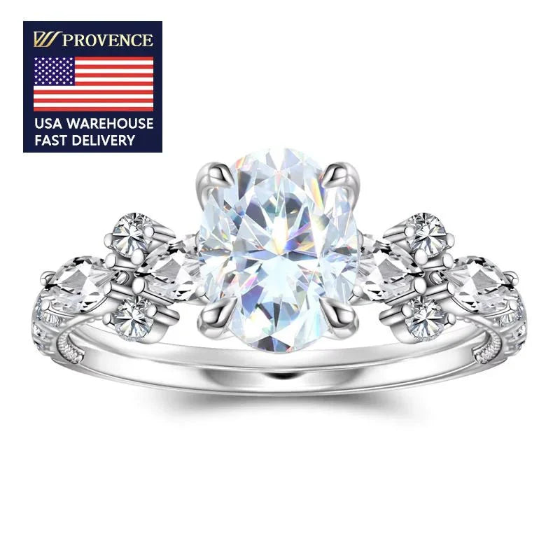 Trendy oval moissanite ring in 925 sterling silver with 18k white gold plating and VVS clarity diamond for women's engagement