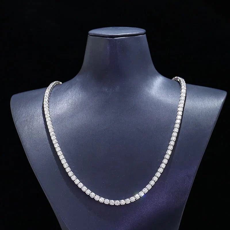 Tennis chain necklace with round brilliant cut moissanite stones in 925 sterling silver by Qianao Jewelry