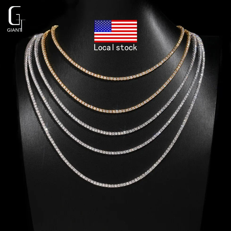 925 silver 2mm tennis chain necklace with VVS moissanite diamond in round brilliant cut, unisex fine jewelry