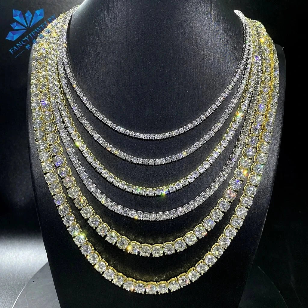 Classic silver necklace with round moissanite diamonds, 2mm to 6.5mm, sterling silver elegant design