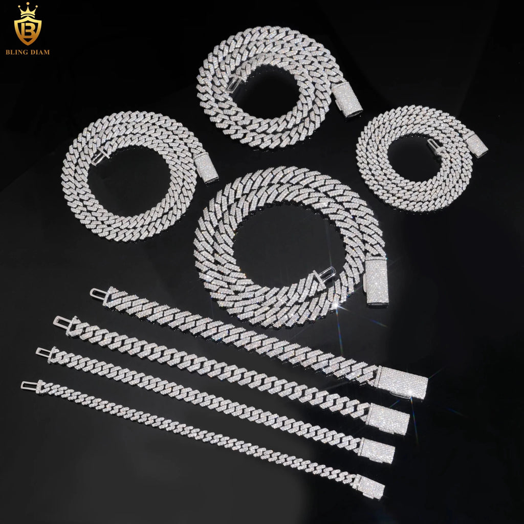 925 Silver VVS Moissanite Cuban Link Chain Necklace Bracelet