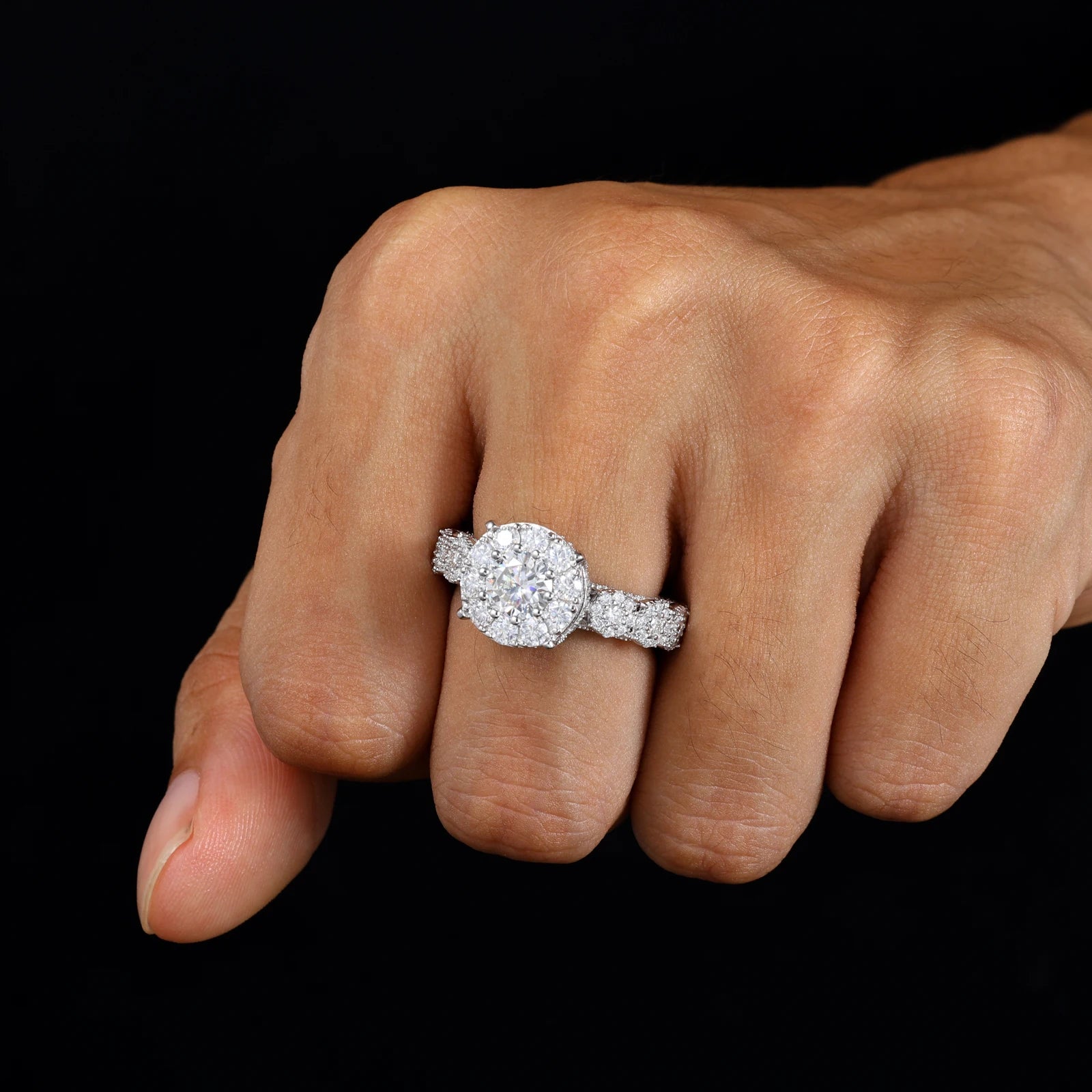 Moissanite Diamond Halo Engagement Ring in White Gold - The Gold Collective