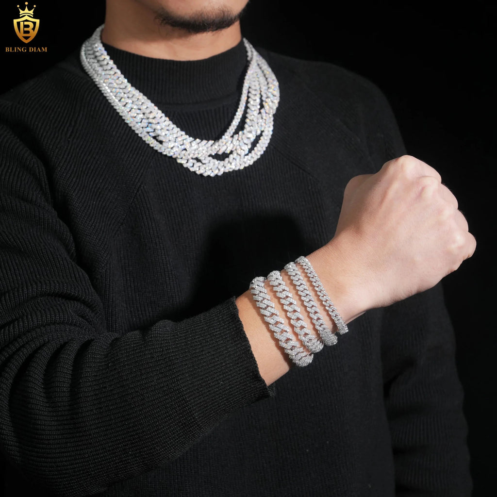 925 Silver VVS Moissanite Cuban Link Chain Necklace Bracelet