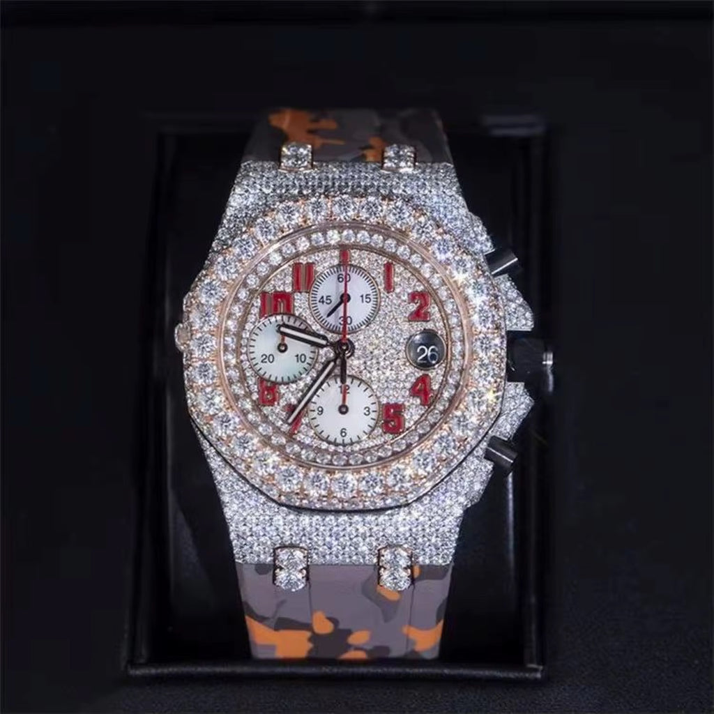 Moissanite Glass Dial Rubber Band Men's Watch - The Gold Collective